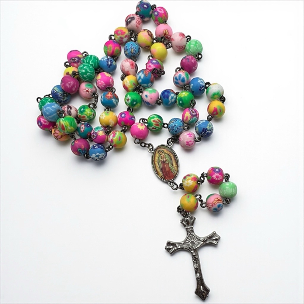 Colorful Floral Silicone Rosary with Our Lady of Guadalupe | 20” Catholic Prayer